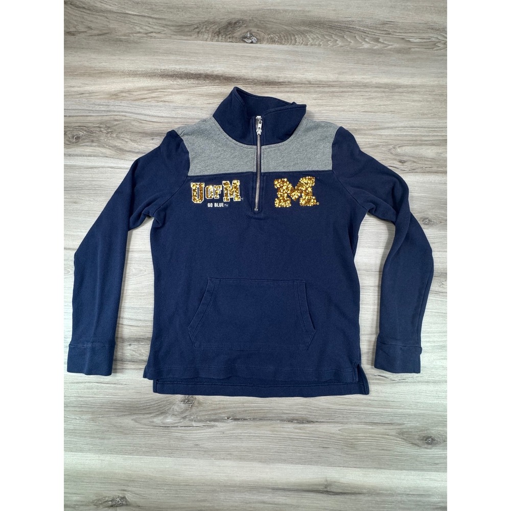PINK Victorias Secret University of Michigan Quarter Zip Sequin Pullover Navy XS